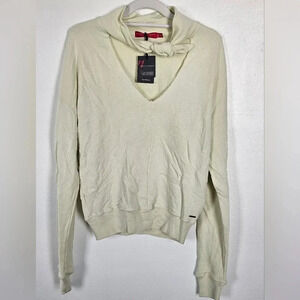 Sin sweatshirt in chartreuse neck tie closure size small raw hem neckline